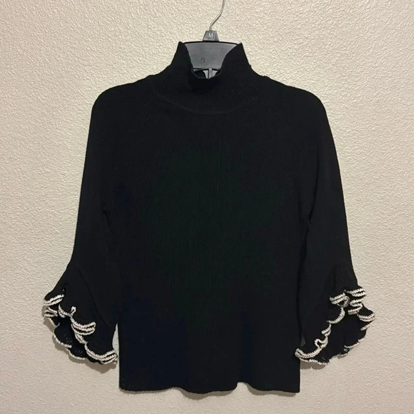 Milly 100% Merino Wool Black V-Neck Ruffle 3/4 Sleeve Sweater - Picture 1 of 5